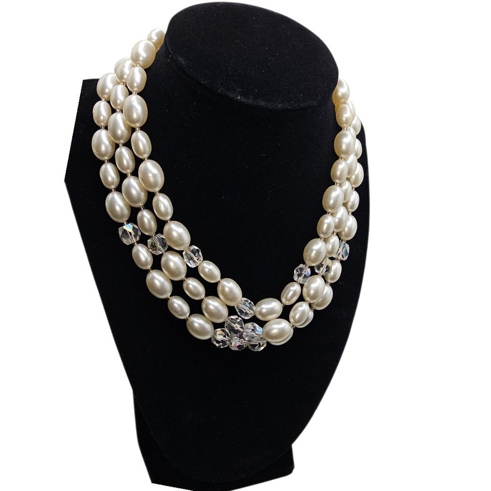 Vintage Triple Strand Faux‎ Pearl AB Crystal Beaded Necklace Marked Japan